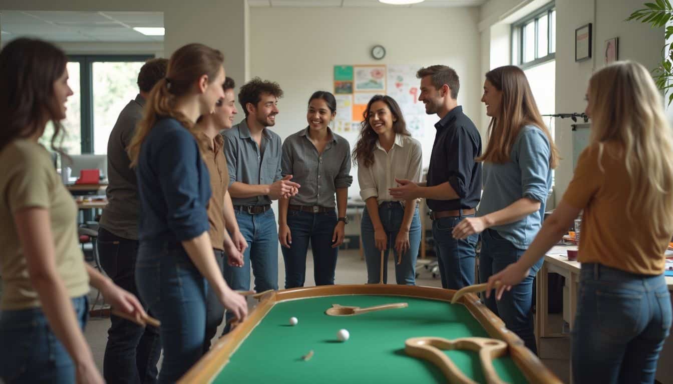 Small group of young professionals enjoying a casual team-building game of snooker in an open office space, highlighting workplace camaraderie and socializing.