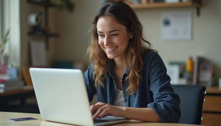 Stylish woman working on laptop in casual indoor setting with a bright, modern office background.