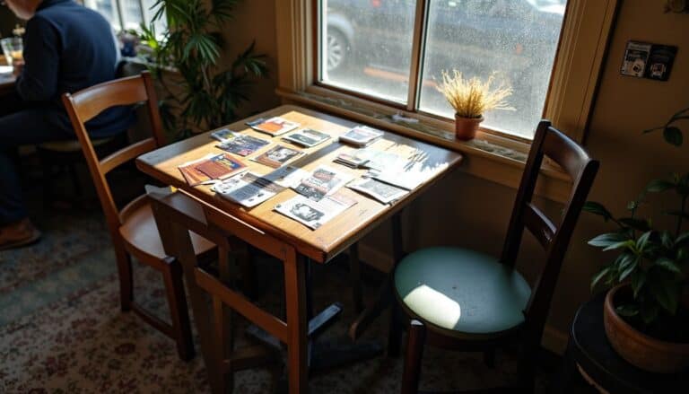 Unfinished Man magazine spread on a wooden table with magazines and newspapers, in cozy cafe setting with sunlight streaming through the window, surrounded by plants, emphasizing lifestyle and leisure.