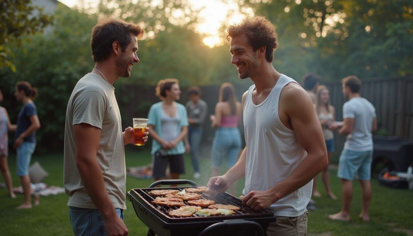 A casual backyard BBQ captures friends laughing and chatting around a grill in a relaxed, lived-in setting. Grilling party outdoors with friends on a sunny day, barbecue and social gathering, backyard cookout, summer celebration, men smiling cooking meat on grill, community event, casual summer fun, friendship, outdoor leisure, festive atmosphere.