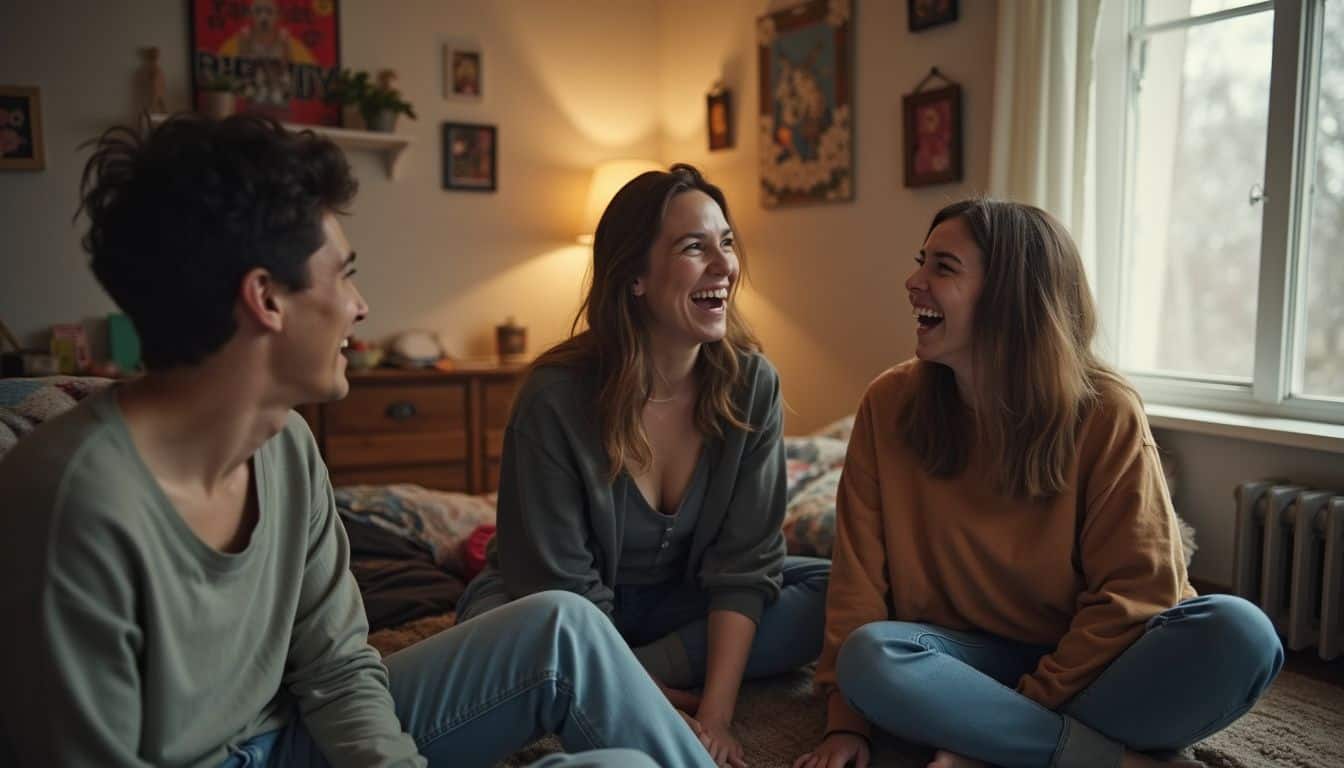 A candid photo of friends in their 30s sharing laughter in a cozy, lived-in room. Happy friends laughing together in a cozy bedroom, enjoying quality time, and showcasing friendship and joy.