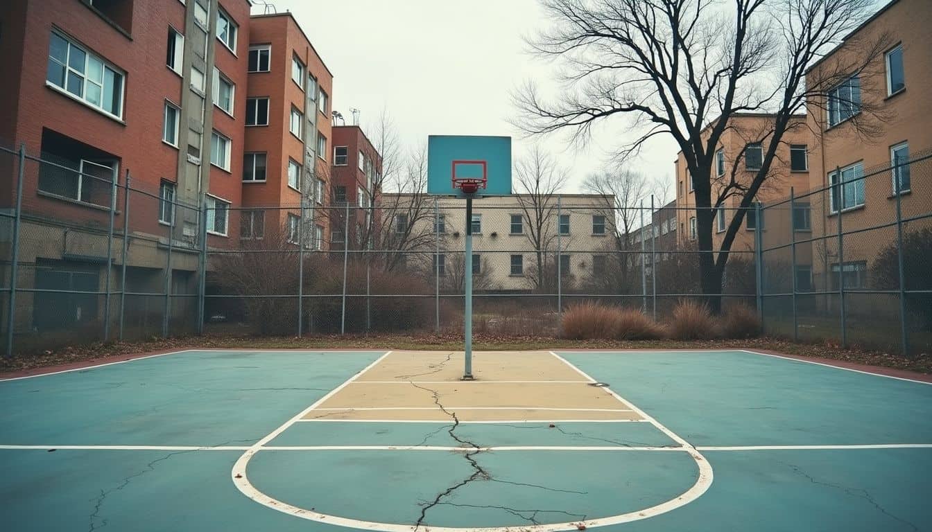 An empty, worn basketball court in a dilapidated urban neighborhood reflects the passage of time and neglect. Empty outdoor basketball court with cracked surface, surrounded by apartment buildings and leafless trees in a city neighborhood.