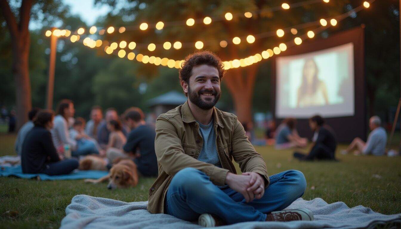 A relaxed man enjoys a neighborhood movie night, surrounded by friends, snacks, and a grainy projector screen. Man enjoying outdoor movie night at park with friends and family, sitting on blanket under string lights, smiling, with a dog nearby, casual summer evening, social gathering, entertainment, leisure activities, community event.