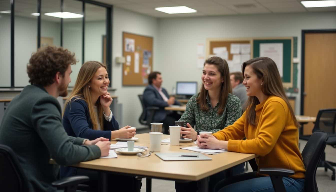 Coworkers relax in a break room, enjoying coffee and each other's company in a casual, unposed atmosphere. Casual business meeting with four professional colleagues smiling and chatting in an office conference room.