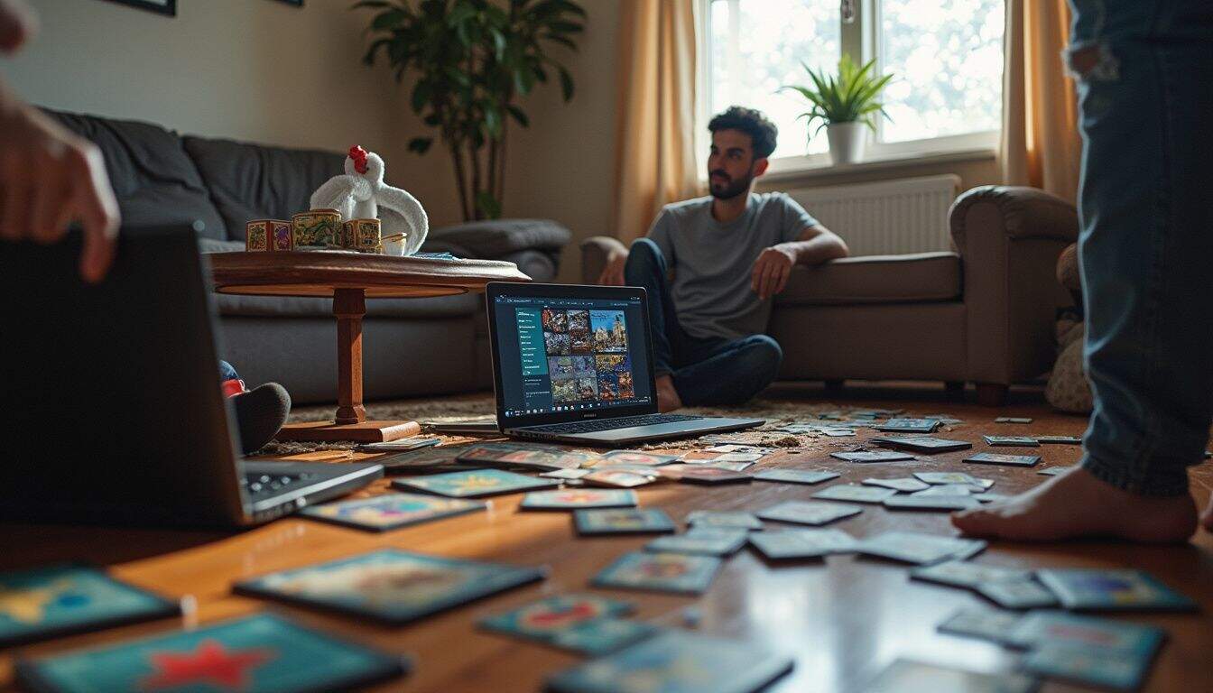A messy living room features scattered board games and a relaxed person near an open laptop displaying game options. Laptop with colorful game or card images on screen, and scattered cards on the wooden floor, in a cozy living room with sunlight through the window, modern decor, and a man sitting on the couch.