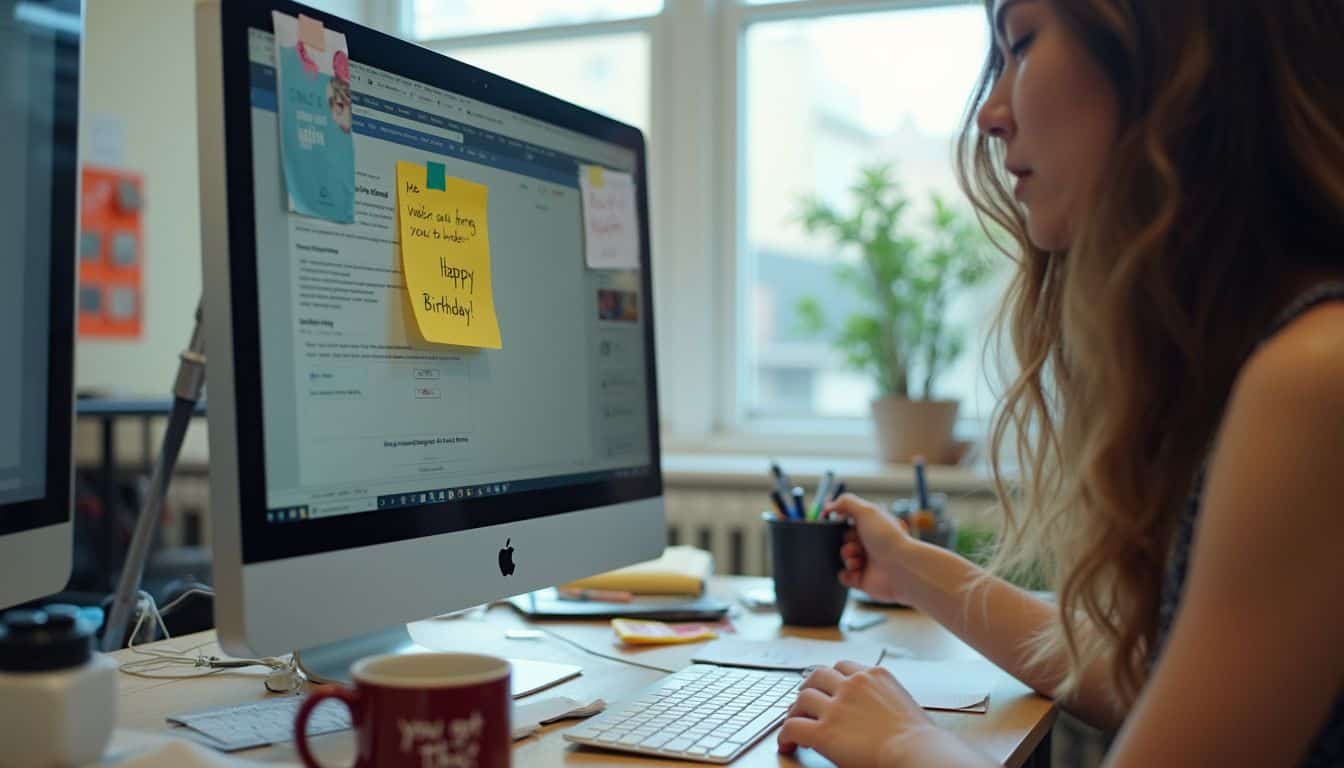 A cluttered office desk features birthday reminders, workplace memes, and a motivational coffee mug, capturing a candid work moment. Post-it notes on a computer monitor with birthday messages and a woman working at a desk with a focus on productivity and office work.