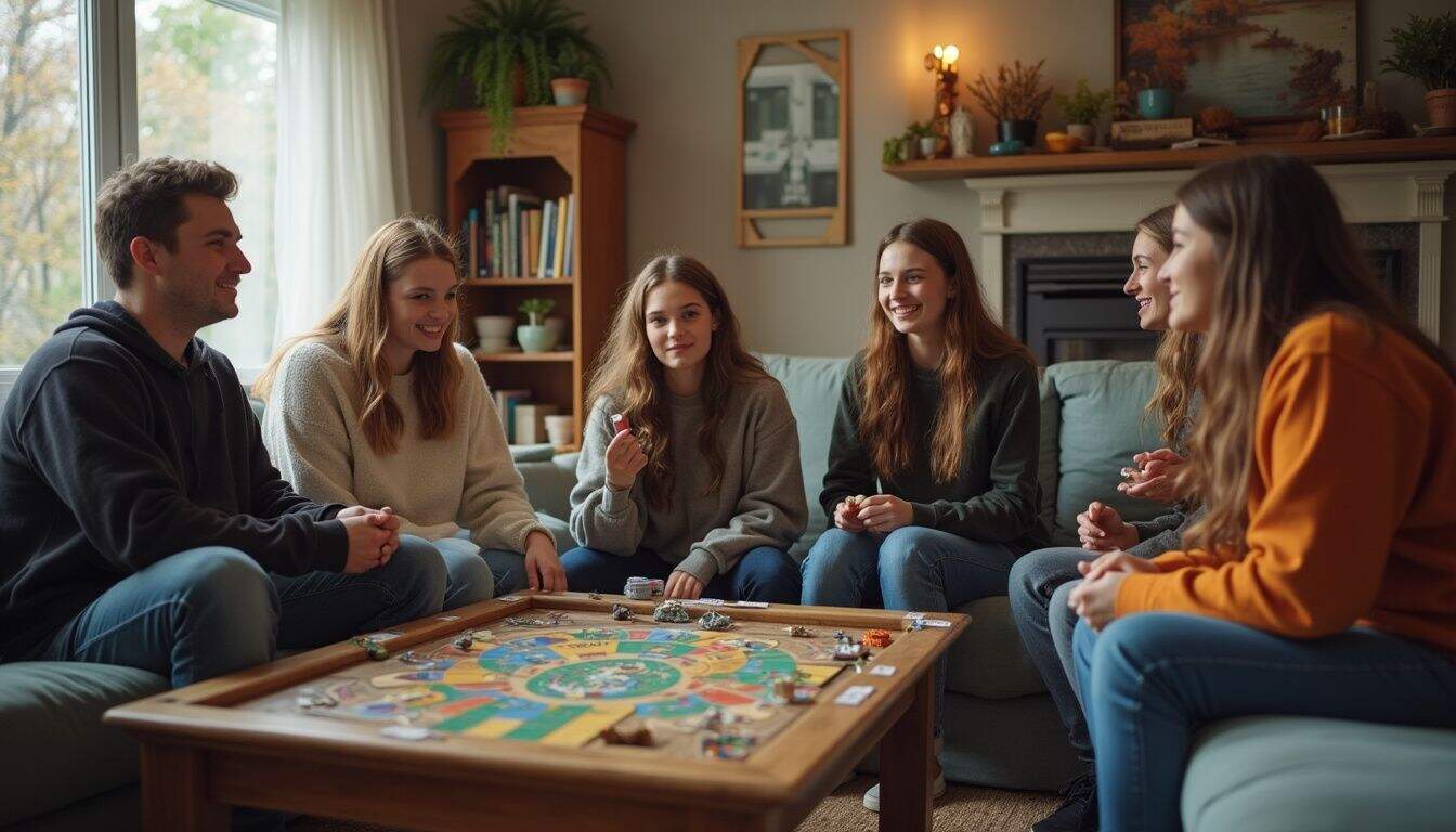 Enjoying a cozy game night with friends in a warmly decorated living room featuring a colorful board game on the coffee table. A group of young adults laughs and interacts during a fun social evening.