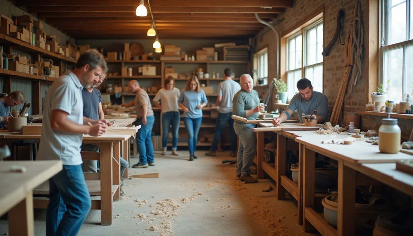 A casual woodworking group enjoys working on projects in a cluttered community workshop filled with tools and sawdust. Handcrafted wooden furniture making workshop with artisans creating furniture in a rustic studio. Skilled craftsmen work on various projects in a collaborative environment with tools and wood shavings.