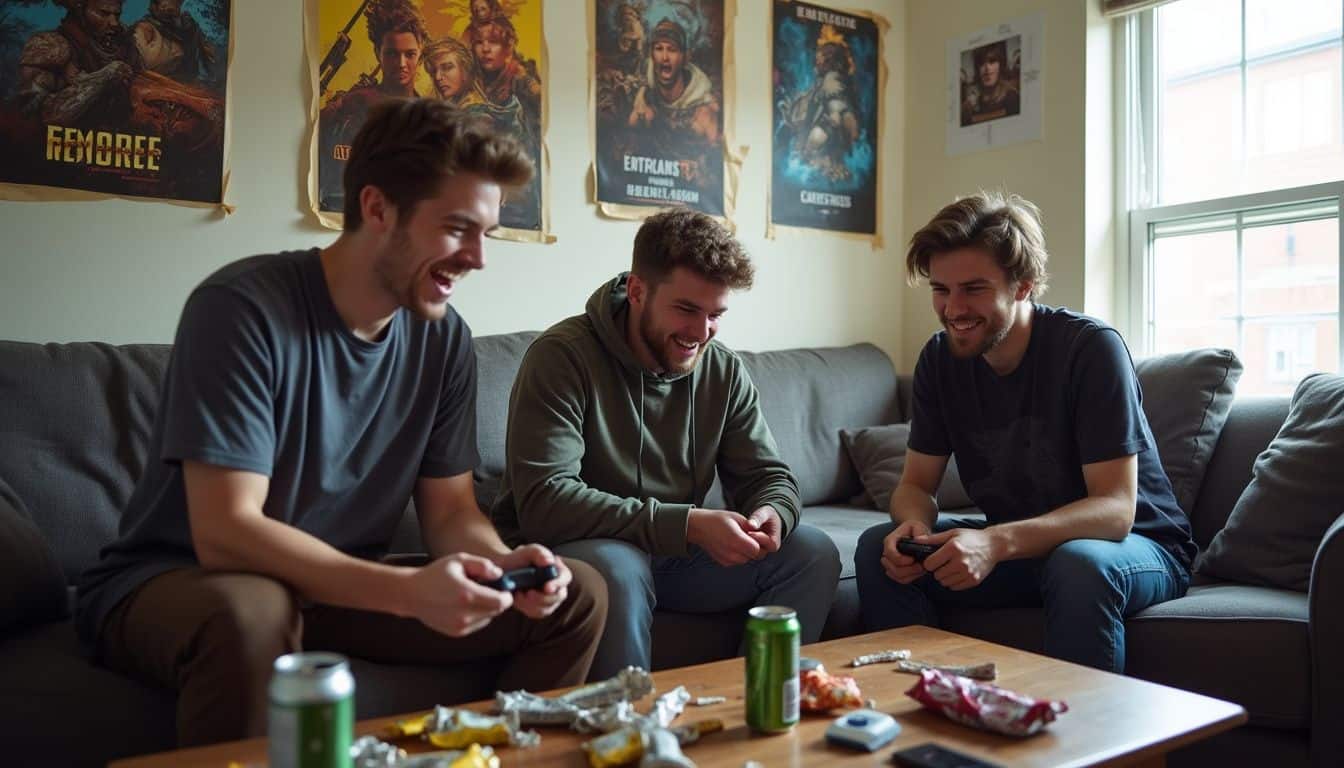 A group of young guys hangs out in a messy living room, laughing and playing video games together. Three young men playing video games together on a cozy couch in a living room decorated with movie posters, enjoying a casual social gathering with snacks and drinks, capturing a fun and relaxed men's entertainment moment.