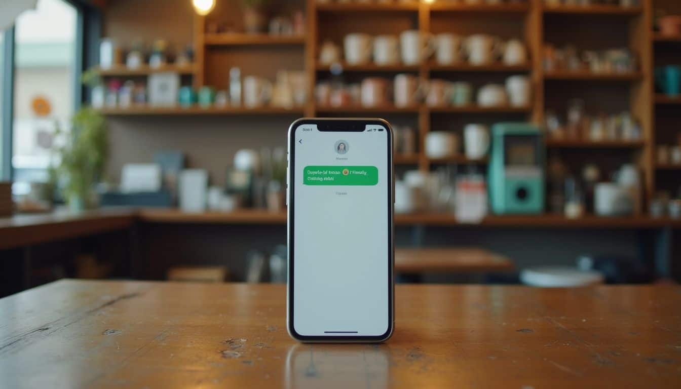 A smartphone on a rustic wooden table displays a notification from a group chat in a cozy cafe. IPhone displaying a text message on a wooden table in a cozy cafe setting with blurred background shelving filled with cups and decorative items.