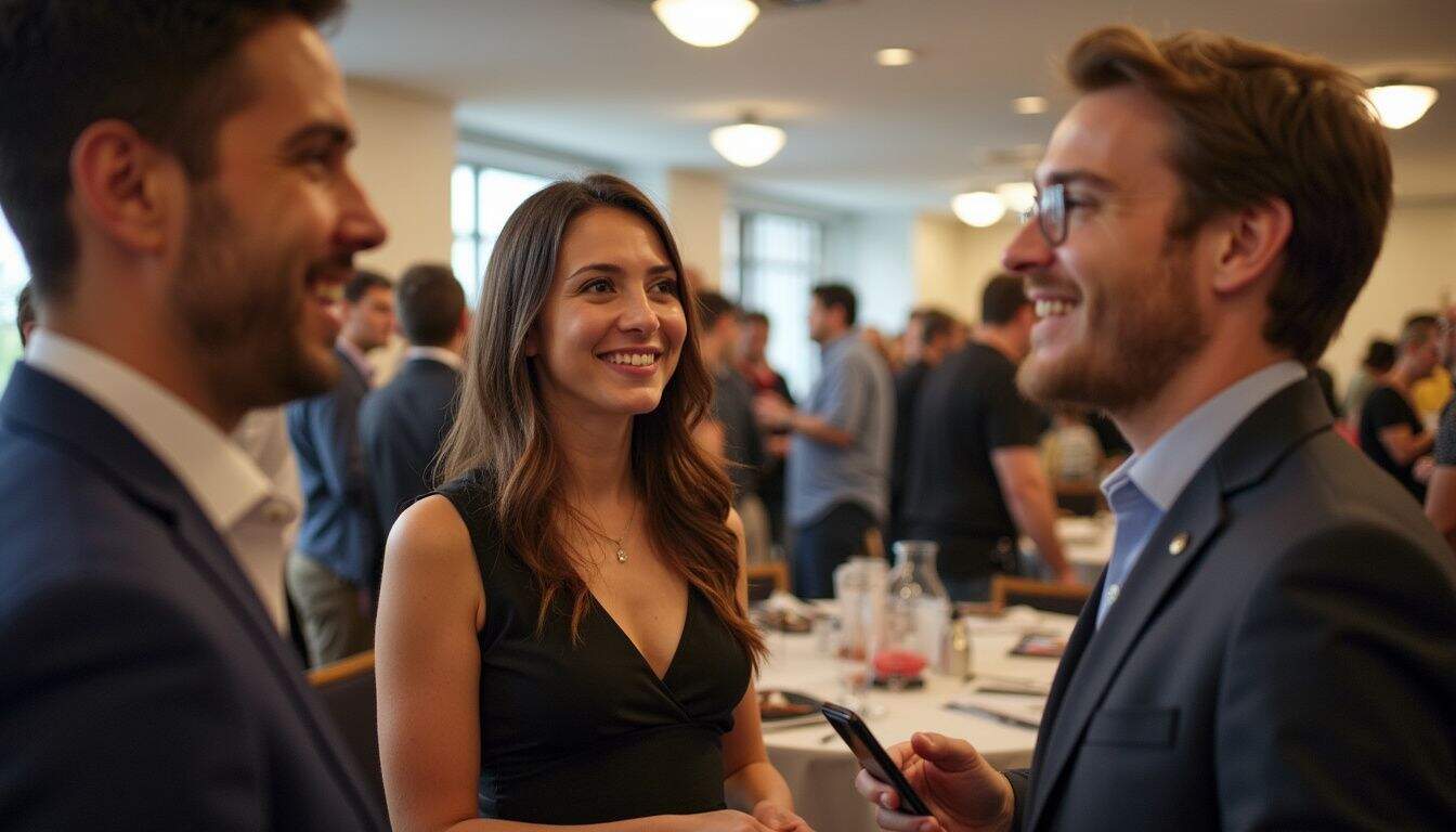 A casual networking event for the American Marketing Association, featuring people engaged in relaxed conversation. Friendly business professionals networking at a corporate event, smiling and engaging in conversation, demonstrating professionalism and social interaction.