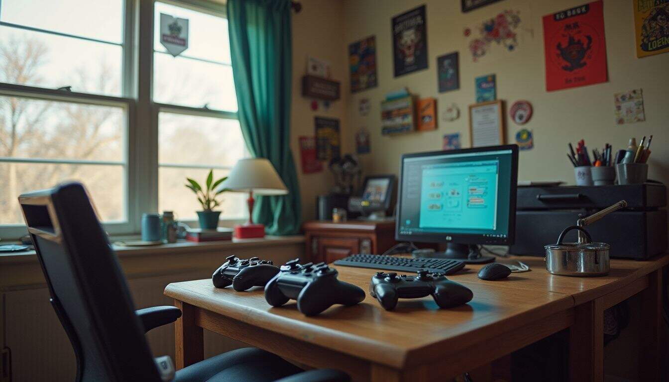 A lived-in college dorm room with video game controllers on a messy desk and everyday decorations on the walls. A gaming and streaming setup with multiple controllers, a computer monitor displaying design software, and gaming accessories on a wooden desk in a cozy room.