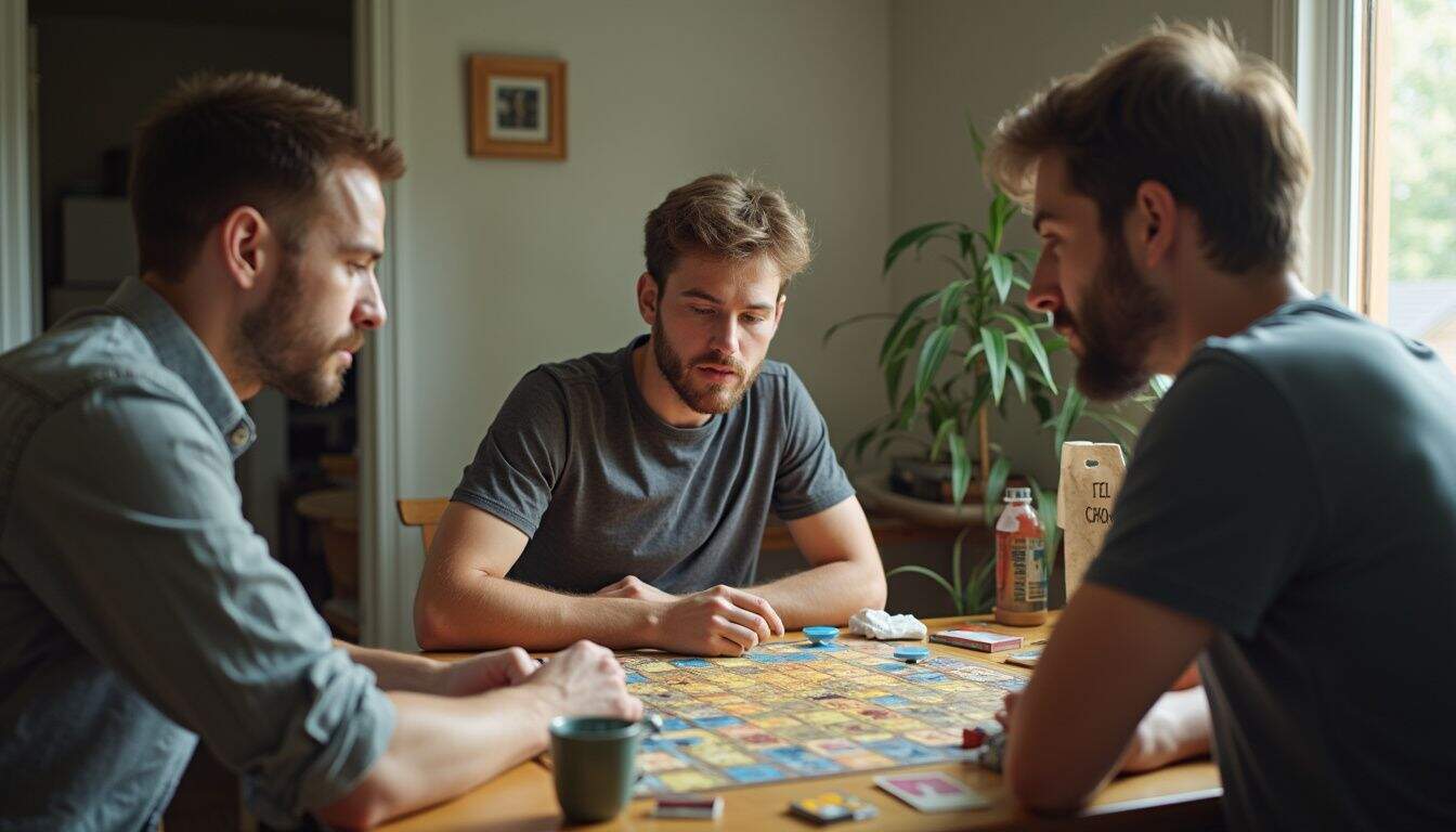 A group of men in their 30s casually enjoys a board game around a messy kitchen table. Intense board game session with three men playing strategical tabletop game at home.