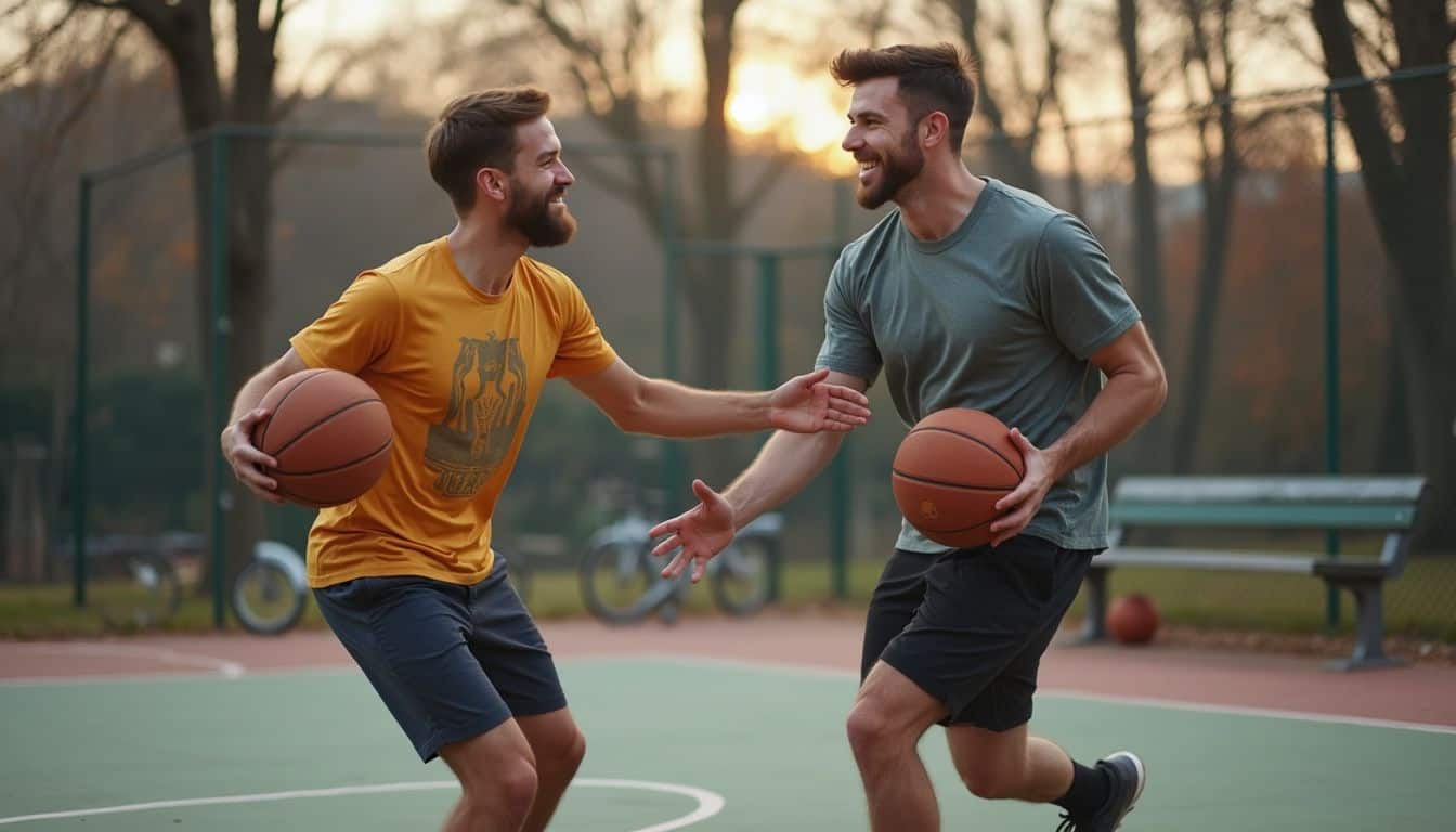 Two friends enjoy a casual game of basketball in a neighborhood park after meeting through an online group. Energetic two men playing basketball on an outdoor court during sunset, showing friendship and sportsmanship, perfect for fitness and recreation SEO keywords.