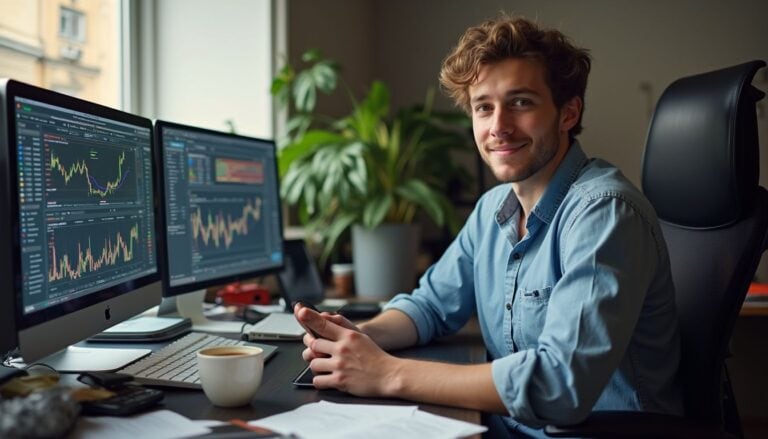 Advanced stock trading analysis on dual monitor screens with financial charts and graphs, young professional male trader focused on market trends in a modern office setting.