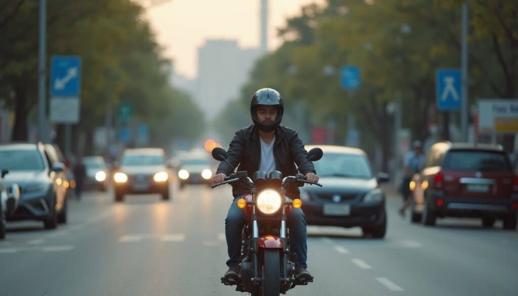 Motorcycle rider wearing a helmet on busy city street with cars and trees, urban transportation and safety.