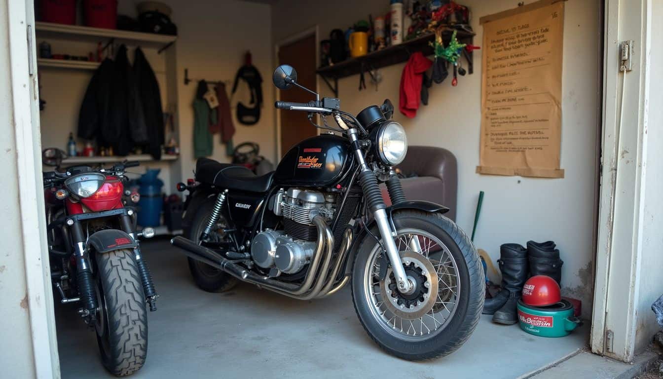 Classic black cruiser motorcycle parked in garage with other bikes and gear, urban motorcycle lifestyle, vintage-style motorcycle, motorcycle storage, garage with motorcycle collection.