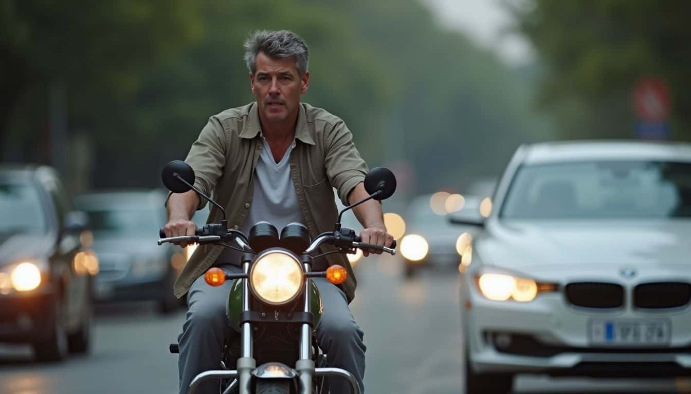 Rugged man riding a motorcycle on a busy city street during dusk, surrounded by cars with headlights on, showcasing urban adventure and style.