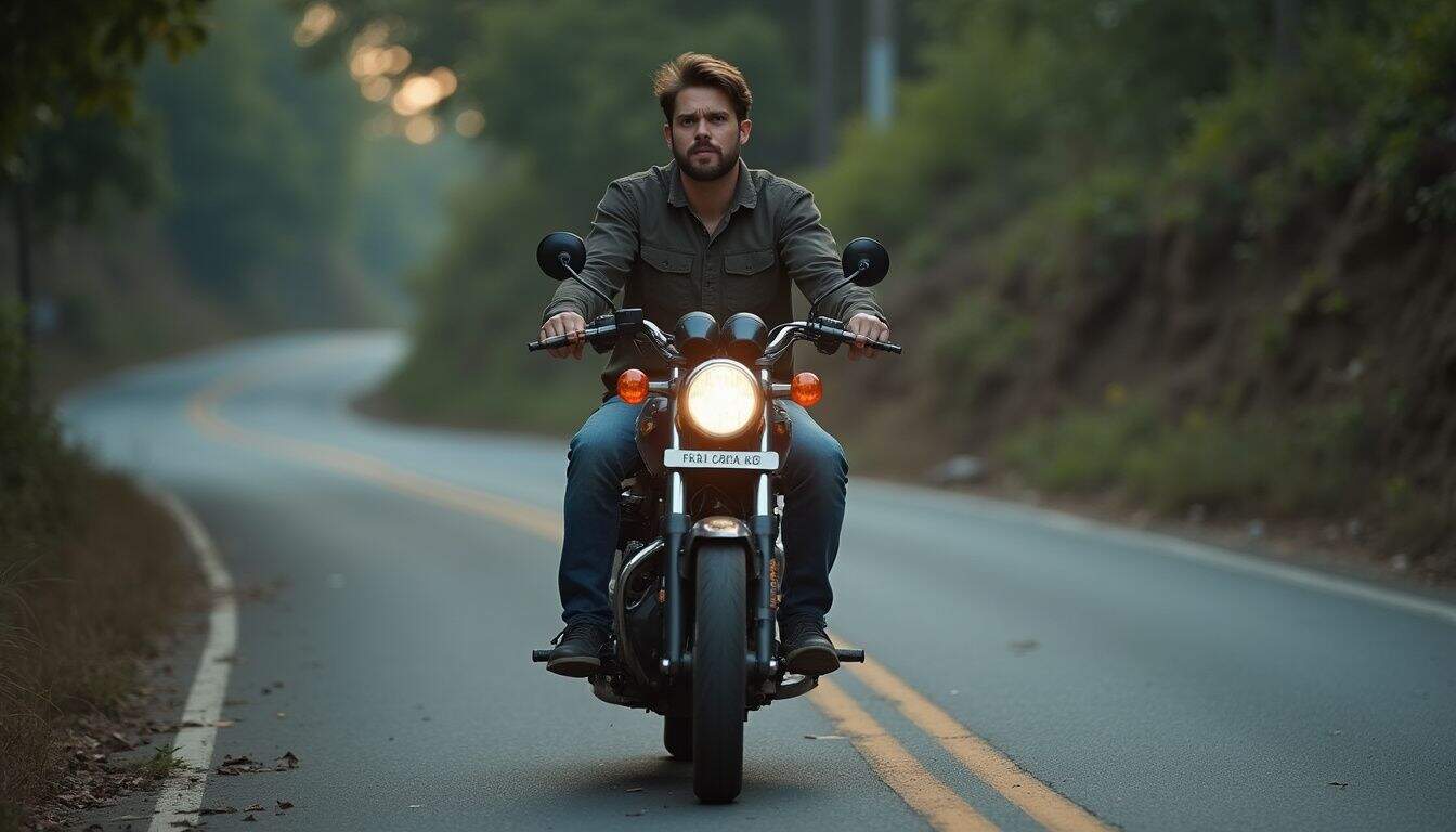 Rugged man riding black motorcycle on scenic forested road at sunset, leather jacket, confident expression, adventure, freedom, outdoor travel, motorcycle lifestyle, carefree attitude, male rider, motorcycle enthusiast, urban motorbike riding.