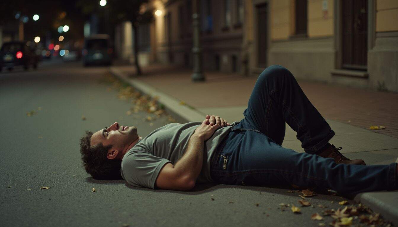 Man lying on city street at night, appearing injured or in distress, emphasizing urban safety concerns and emergency situations.