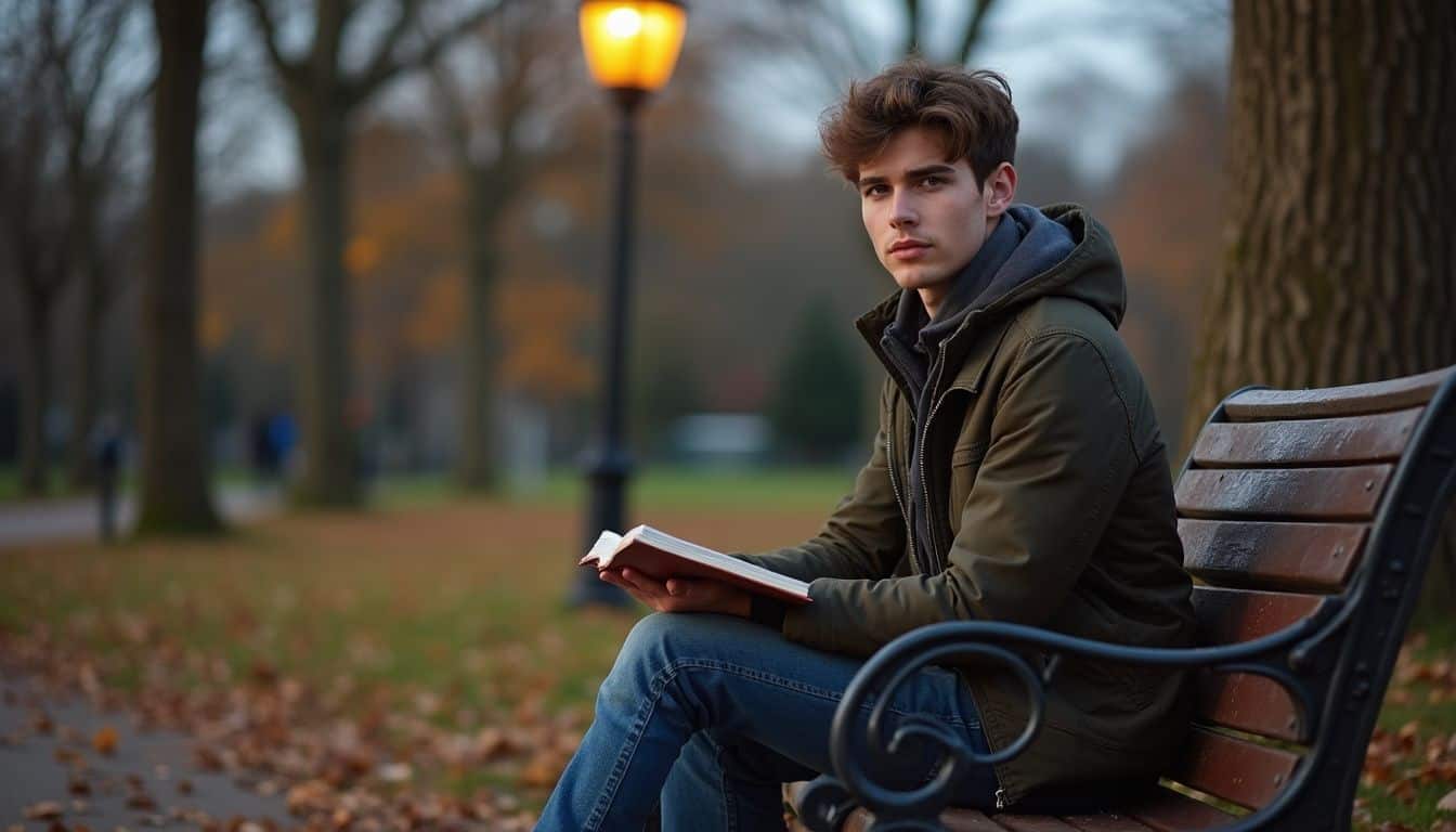 A young man sits thoughtfully on a park bench, casually holding a journal amidst scattered fallen leaves.