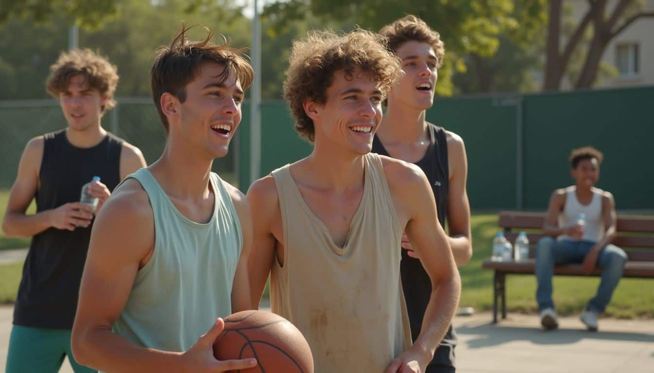 A casual group of young men play basketball in a neighborhood park, enjoying their time together.