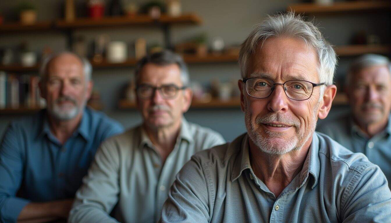 A group of middle-aged men participates in a casual virtual video call from their homes.