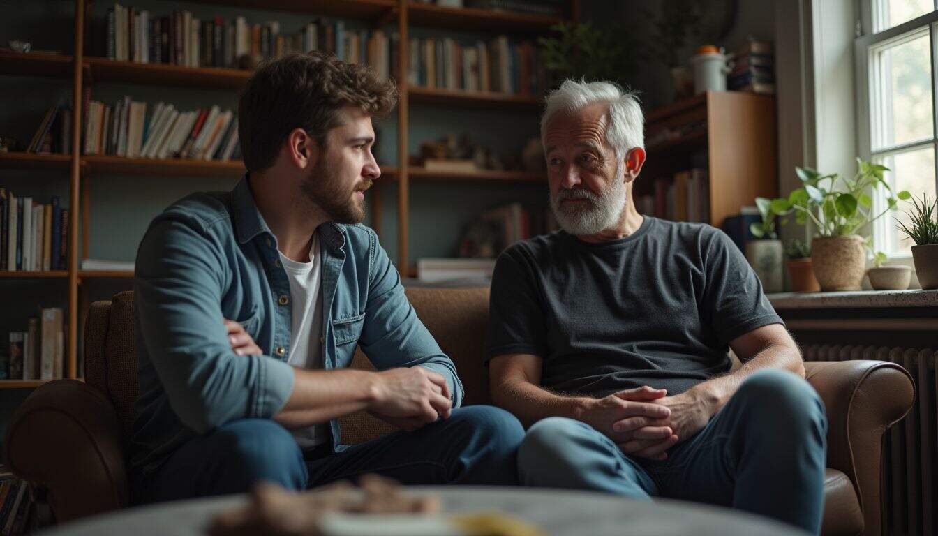 A young man discusses ideas with an older mentor in a cozy, cluttered room filled with books.