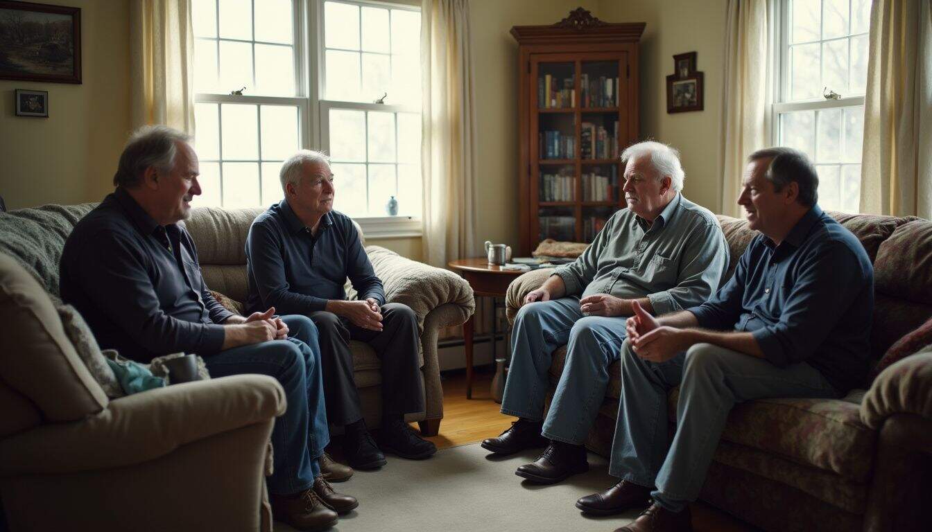 A candid moment of middle-aged men engaging in relaxed conversation in a lived-in living room.