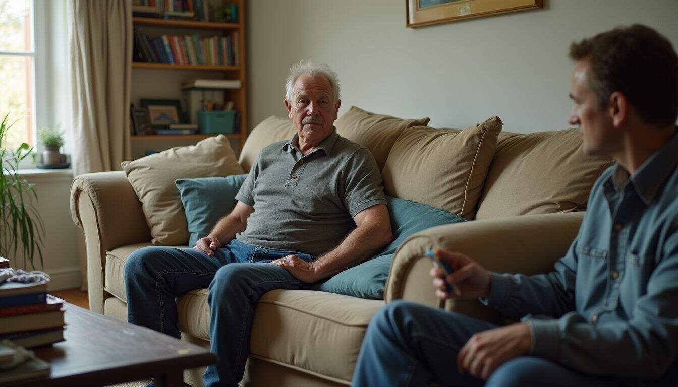 A middle-aged man sits casually on a couch, engaged in conversation with a friend in a cozy living room.