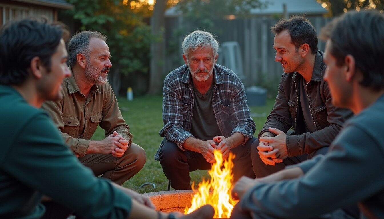 A group of casually dressed men of various ages relaxes around a backyard fire, enjoying quiet conversation.