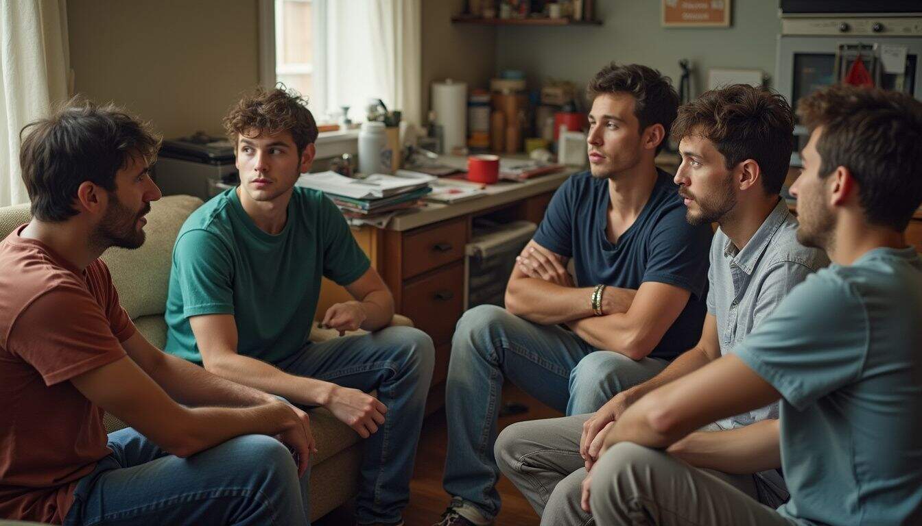 A group of friends casually chats in a messy living room, reflecting a relaxed and candid atmosphere.