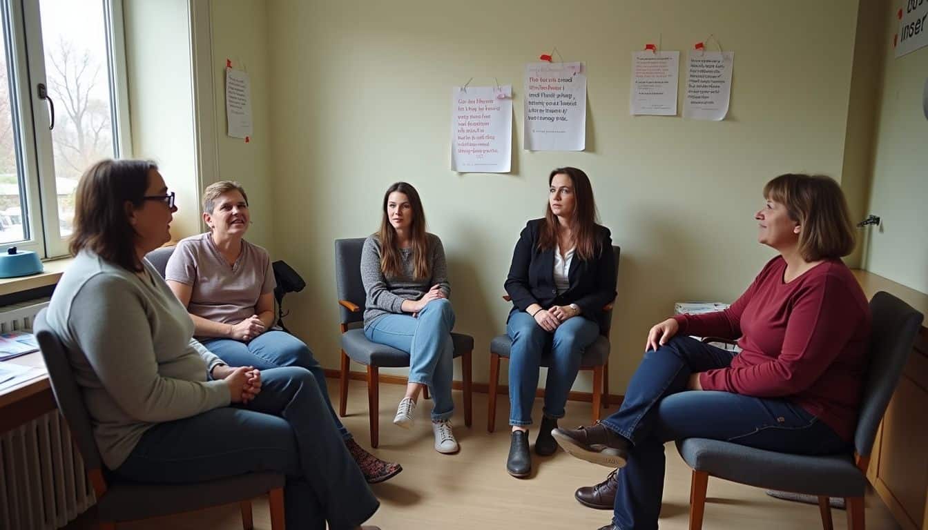 A cozy support group meeting room with mismatched chairs, scattered pamphlets, and people engaged in genuine conversation.