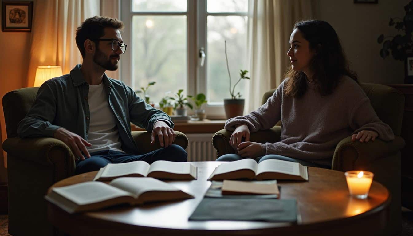 A cozy, slightly cluttered table with open books and a candle, reflecting a relaxed, lived-in atmosphere.