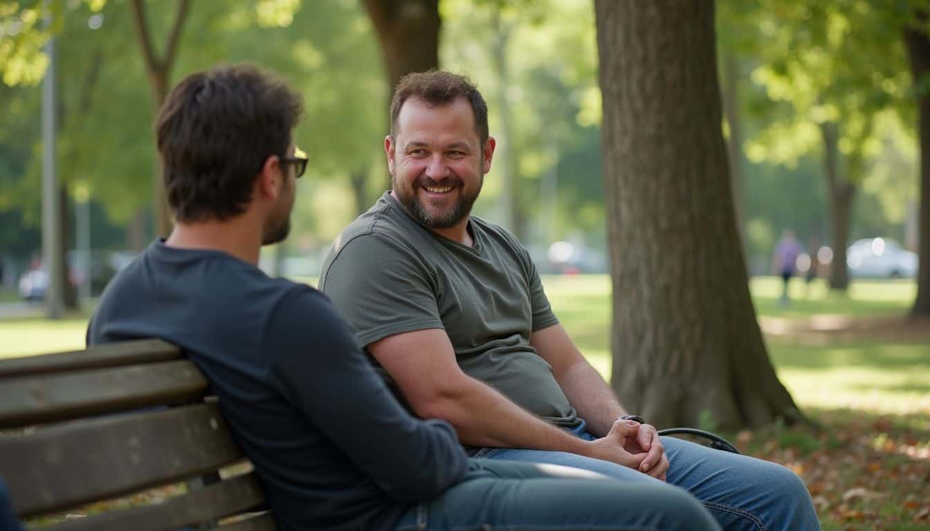 A man in his 30s sits relaxed on a park bench, chatting with a friend amidst a casual outdoor scene.
