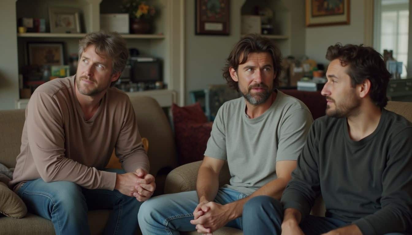 A candid snapshot of men casually conversing in a cluttered living room, reflecting an unfiltered moment of friendship.