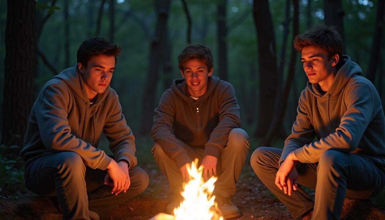 A group of young men relaxes around a campfire in the woods, engaging in quiet conversation.