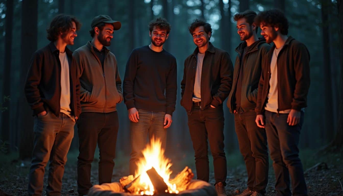 A group of friends casually gathers around a campfire in the woods, enjoying a relaxed evening together.