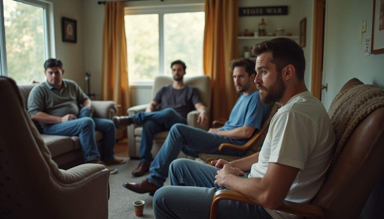 A group of casually dressed men sits in a cozy living room, sharing a relaxed moment together.