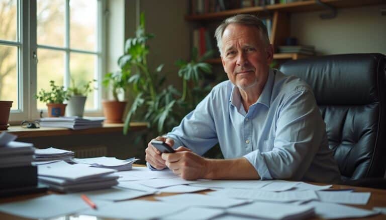 Older man working in a cluttered home office with papers and plants, using a smartphone and looking thoughtful, representing a professional or retired individual.