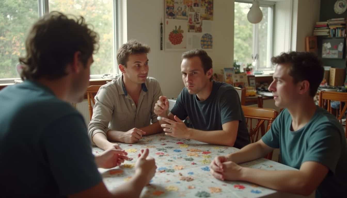 A group of friends enjoy a casual baseball trivia game around a cluttered table filled with snacks. A group of friends enjoy a casual baseball trivia game around a cluttered table filled with snacks.