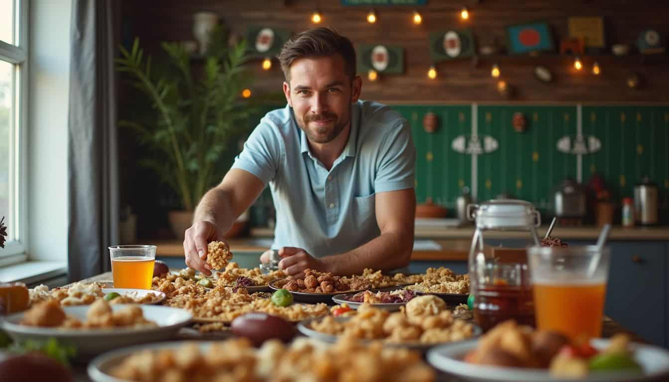 A casual gathering features a cluttered buffet of game-day snacks as a relaxed man reaches for a plate. A casual gathering features a cluttered buffet of game-day snacks as a relaxed man reaches for a plate.