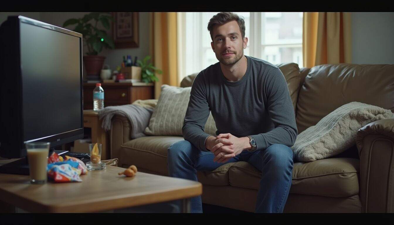 A relaxed man in his 30s sits on a cluttered sofa with snacks and drinks in a cozy living room. A relaxed man in his 30s sits on a cluttered sofa with snacks and drinks in a cozy living room.