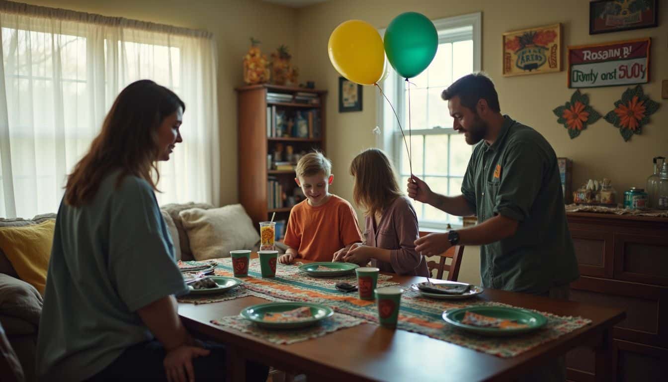 A family of four decorates their living room for game day with casual outfits and mismatched football-themed decorations. A family of four decorates their living room for game day with casual outfits and mismatched football-themed decorations.