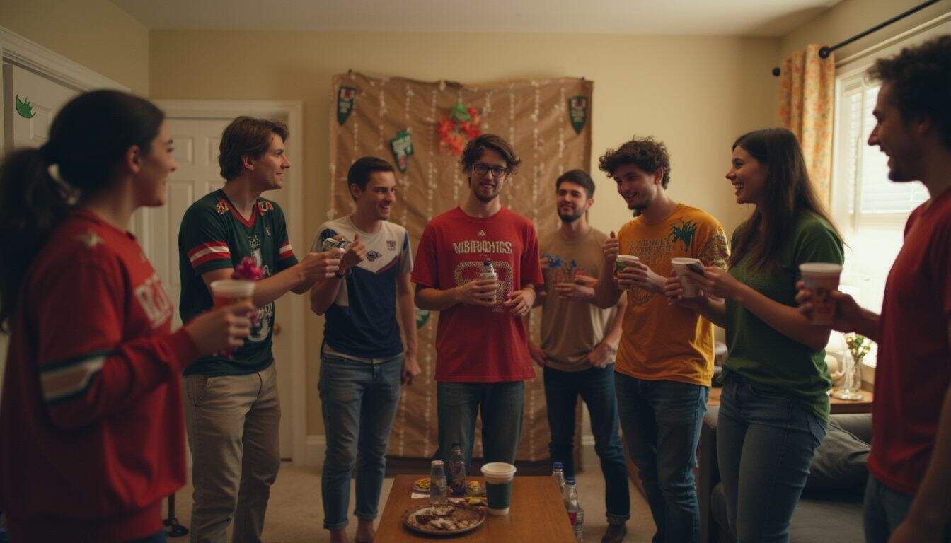 A group of friends in their mid-20s laughs and dances during a casual Super Bowl gathering in a living room. A group of friends in their mid-20s laughs and dances during a casual Super Bowl gathering in a living room.