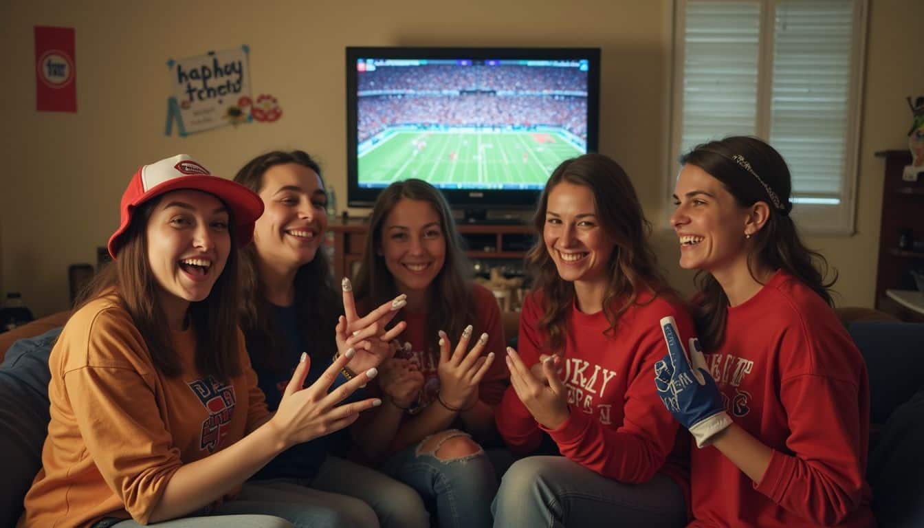 A group of friends enjoy a casual gathering, wearing team colors and celebrating with snacks while watching a game. A group of friends enjoy a casual gathering, wearing team colors and celebrating with snacks while watching a game.