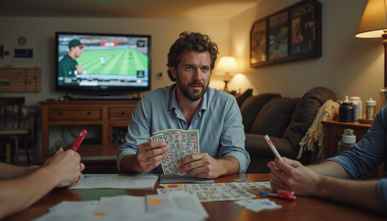 A casually dressed man participates in a bingo game with friends in a cozy, lived-in living room. A casually dressed man participates in a bingo game with friends in a cozy, lived-in living room.