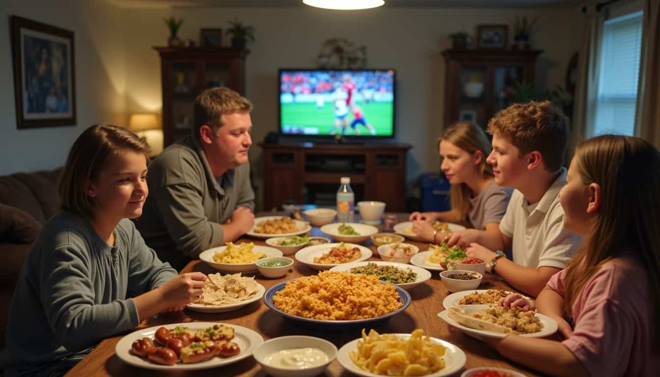 A family enjoys a casual meal of tacos, hot dogs, and nachos around a cluttered table in their living room. A family enjoys a casual meal of tacos, hot dogs, and nachos around a cluttered table in their living room.