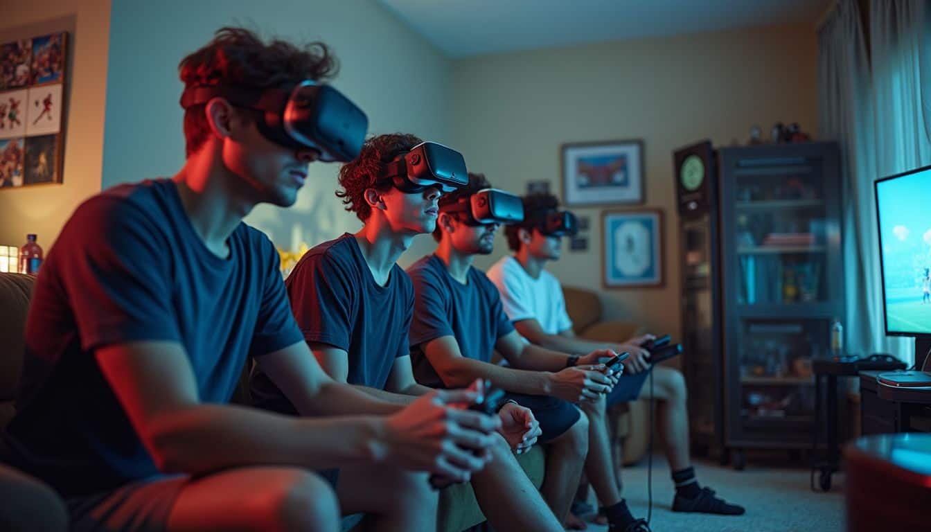 A group of young men enjoys testing VR and AR sports gear in a casual, tech-filled setting. A group of young men enjoys testing VR and AR sports gear in a casual, tech-filled setting.