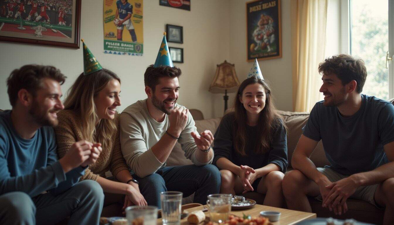 A group of friends in casual attire enjoys a relaxed, laughter-filled gathering in a cozy living room. A group of friends in casual attire enjoys a relaxed, laughter-filled gathering in a cozy living room.
